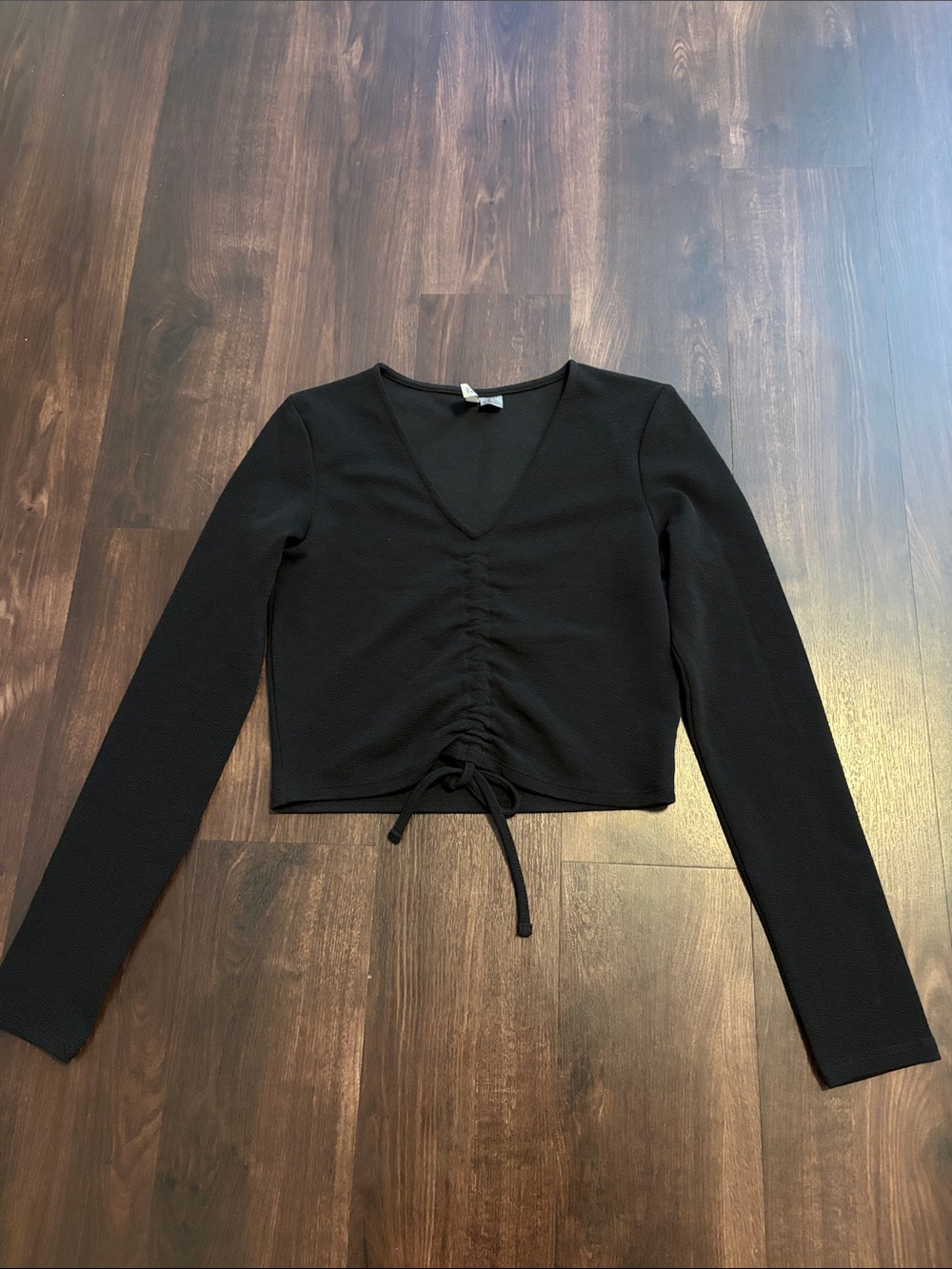 H&M Black Long-Sleeve V-Neck Ruched Tie Front Top